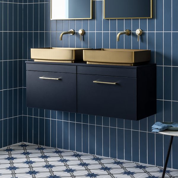 Arezzo Matt Blue Wall Hung Double Countertop Vanity Unit (1200mm w. Brushed Brass Handles) - Image 4