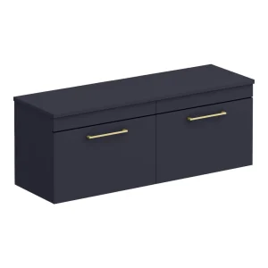 Arezzo Matt Blue Wall Hung Double Countertop Vanity Unit (1200mm w. Brushed Brass Handles)