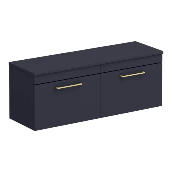 Arezzo Matt Blue Wall Hung Double Countertop Vanity Unit (1200mm w. Brushed Brass Handles)