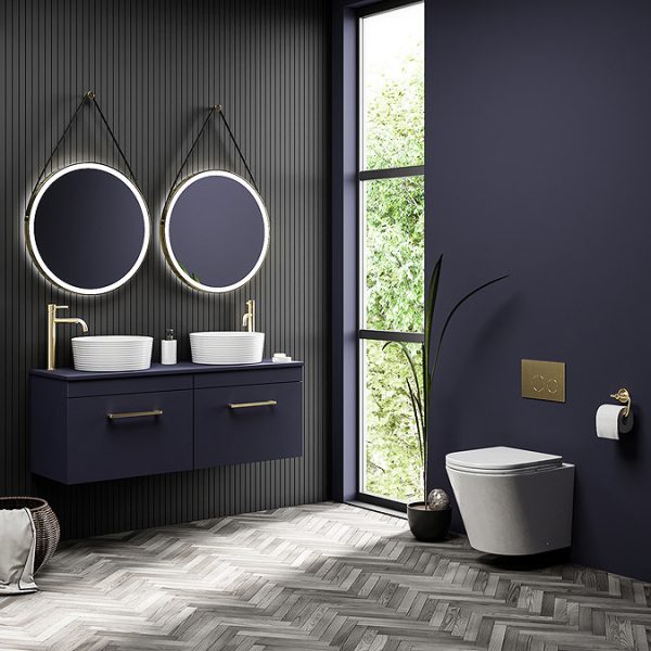 Arezzo Matt Blue Wall Hung Double Countertop Vanity Unit (1200mm w. Brushed Brass Handles) - Image 7