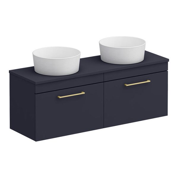 Arezzo Matt Blue Wall Hung Double Countertop Vanity Unit incl. 2 Basins (1200mm w. Brushed Brass Handles) - Image 6