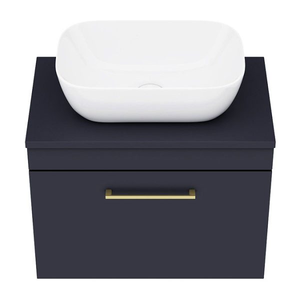 Arezzo Wall Hung Countertop Basin Unit   Blue with Brushed Brass Handle   600mm inc. Basin - Image 6