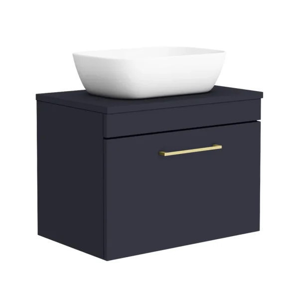 Arezzo Wall Hung Countertop Basin Unit   Blue with Brushed Brass Handle   600mm inc. Basin