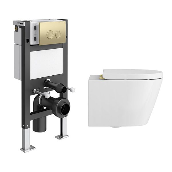 Arezzo Complete Wall Hung Toilet Set   Brushed Brass Flush - Image 2