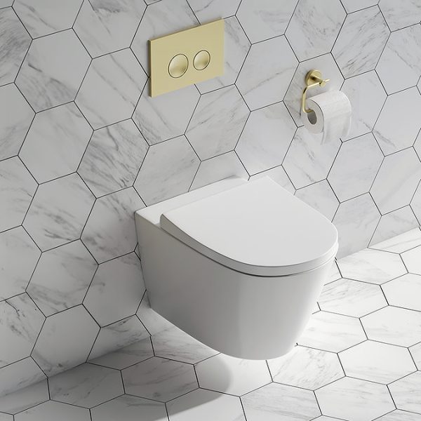Arezzo Rimless Wall Hung Toilet (incl. Soft Close Seat with Brushed Brass Hinges) - Image 2