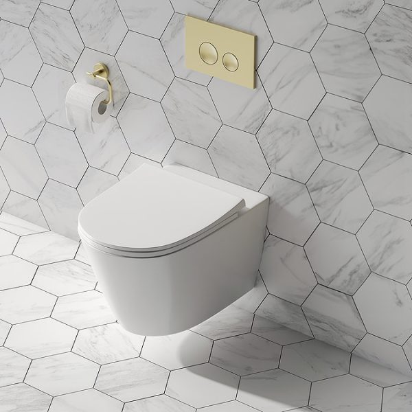 Arezzo Rimless Wall Hung Toilet (incl. Slim Soft Close Seat with Brushed Brass Hinges) - Image 7