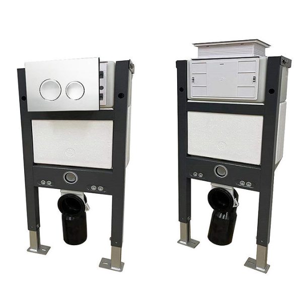 Compact Dual Flush Concealed WC Cistern with Wall Hung Frame with Round Button Chrome Flush & Modern Toilet - Image 2
