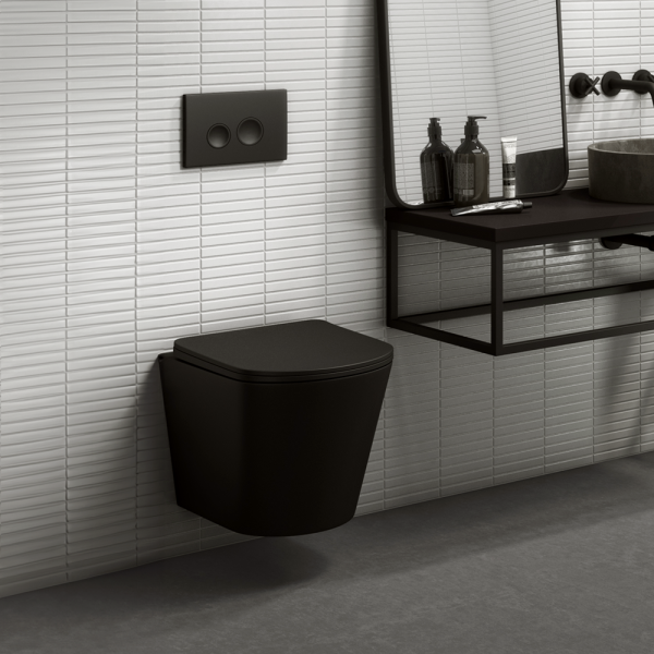 Arezzo Matt Black Complete Wall Hung Toilet Set   Matt Black Flush