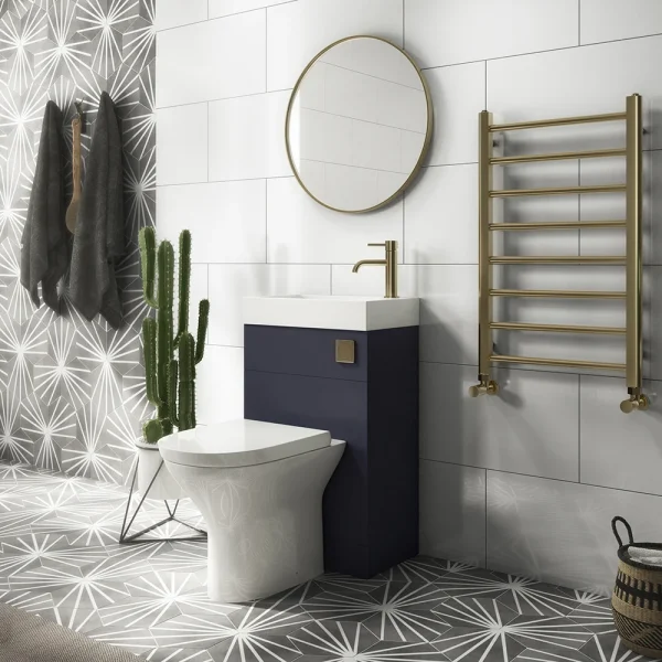 Arezzo Matt Blue Combined 2 In 1 Wash Basin & Toilet (500mm Wide x 300mm) incl. Brushed Brass Flush
