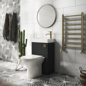 Arezzo Matt Black 2 In 1 Wash Basin & Toilet (500mm Wide x 300mm) incl. Brushed Brass Flush