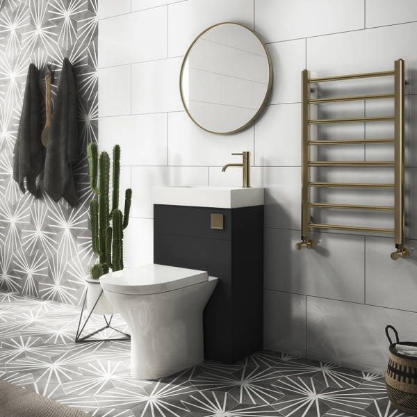 Arezzo Matt Black 2 In 1 Wash Basin & Toilet (500mm Wide x 300mm) incl. Brushed Brass Flush