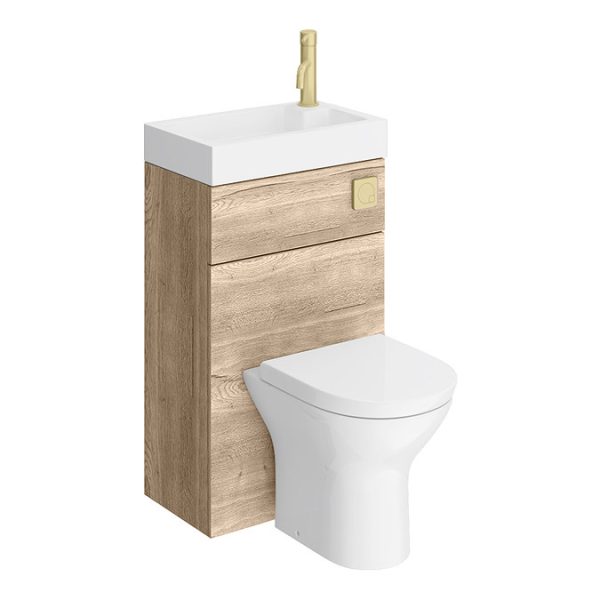 Arezzo Rustic Oak 2 In 1 Wash Basin & Toilet (500mm Wide x 300mm) incl. Brushed Brass Flush - Image 6