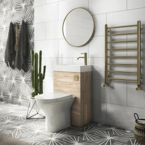 Arezzo Rustic Oak 2 In 1 Wash Basin & Toilet (500mm Wide x 300mm) incl. Brushed Brass Flush