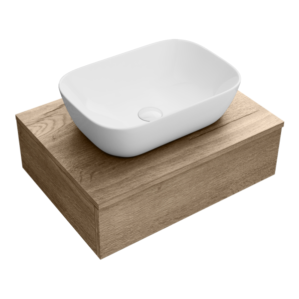Arezzo Floating Basin Shelf with Drawer   Rustic Oak   600mm Incl. Curved Rectangular Basin