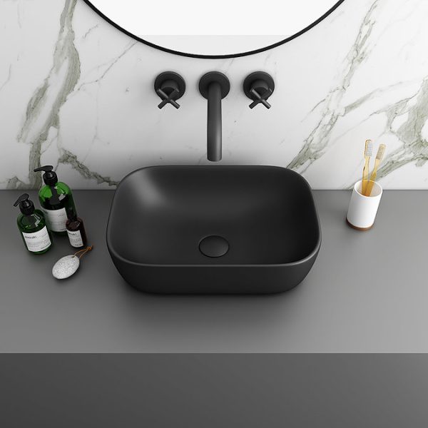 Arezzo Floating Basin Shelf with Drawer   Matt White   600mm incl. Black Curved Rectangular Basin - Image 4