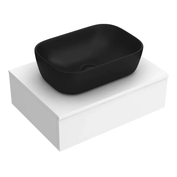 Arezzo Floating Basin Shelf with Drawer   Matt White   600mm incl. Black Curved Rectangular Basin