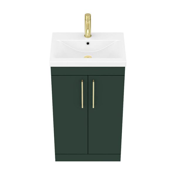 Arezzo 500 Matt Dark Green Floor Standing Vanity Unit with Brushed Brass Handles - Image 4
