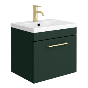 Arezzo 500 Matt Dark Green Wall Hung 1 Drawer Vanity Unit with Brushed Brass Handle