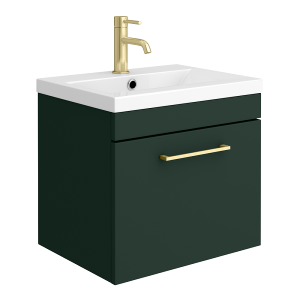 Arezzo 500 Matt Dark Green Wall Hung 1 Drawer Vanity Unit with Brushed Brass Handle