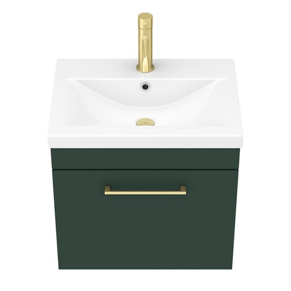 Arezzo 500 Matt Dark Green Wall Hung 1 Drawer Vanity Unit with Brushed Brass Handle - Image 5