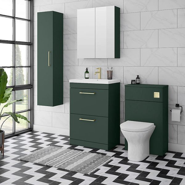 Arezzo 600 Matt Dark Green Floor Standing 2 Drawer Vanity Unit with Brushed Brass Handles - Image 2
