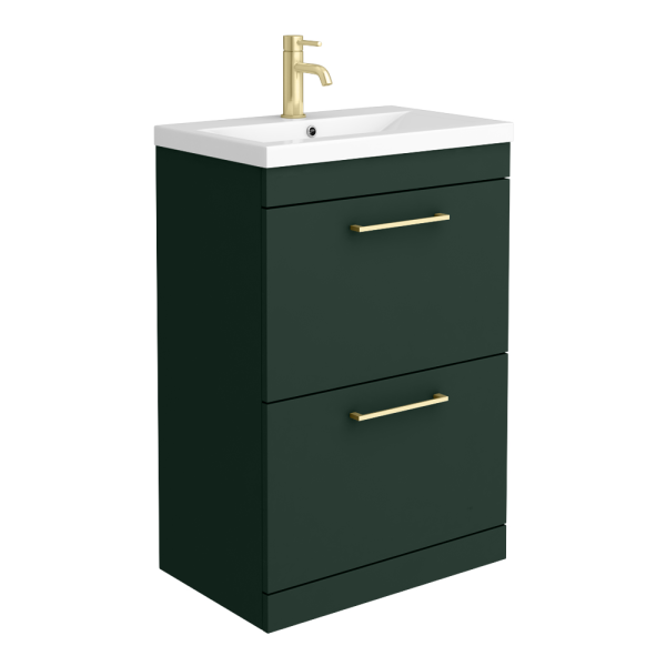 Arezzo 600 Matt Dark Green Floor Standing 2 Drawer Vanity Unit with Brushed Brass Handles