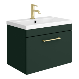 Arezzo 600 Matt Dark Green Wall Hung 1 Drawer Vanity Unit with Brushed Brass Handle