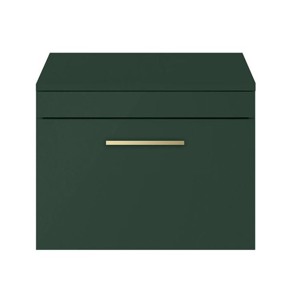 Arezzo Wall Hung Countertop Vanity Unit   Matt Dark Green   600mm with Brushed Brass Handle - Image 3