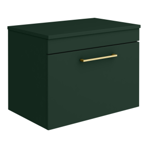 Arezzo Wall Hung Countertop Vanity Unit   Matt Dark Green   600mm with Brushed Brass Handle