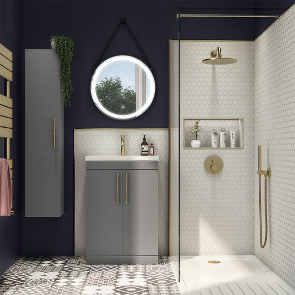 Arezzo Floor Standing Vanity Unit   Matt Grey   500mm with Industrial Style Brushed Brass Handles - Image 2