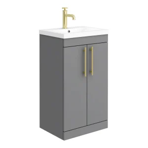 Arezzo Floor Standing Vanity Unit   Matt Grey   500mm with Industrial Style Brushed Brass Handles