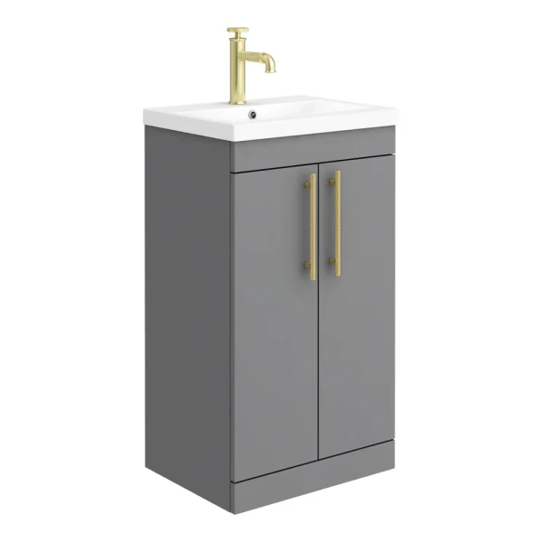 Arezzo Floor Standing Vanity Unit   Matt Grey   500mm with Industrial Style Brushed Brass Handles