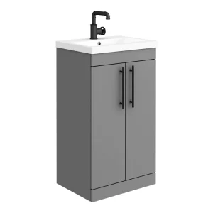 Arezzo Floor Standing Vanity Unit   Matt Grey   500mm with Industrial Style Black Handles