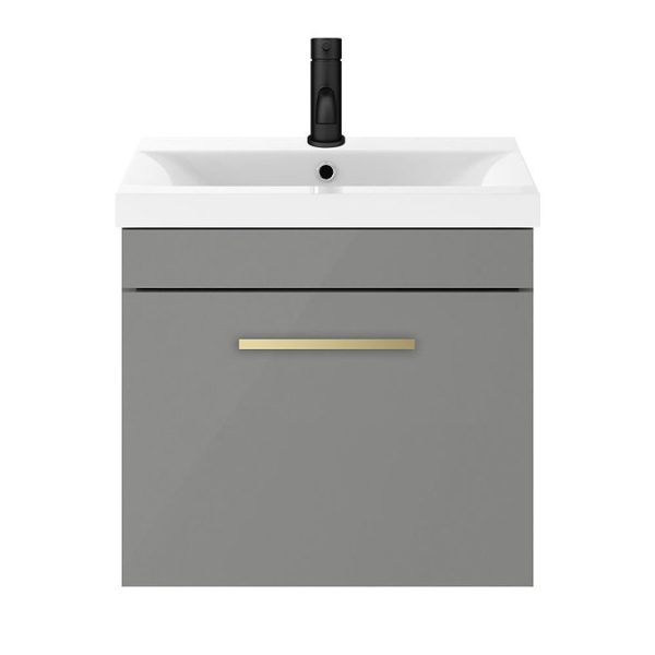 Arezzo 500 Matt Grey Wall Hung 1 Drawer Vanity Unit with Brushed Brass Handle - Image 5