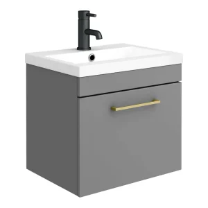 Arezzo 500 Matt Grey Wall Hung 1 Drawer Vanity Unit with Brushed Brass Handle