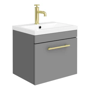 Arezzo Wall Hung Vanity Unit   Matt Grey   500mm with Industrial Style Brushed Brass Handle