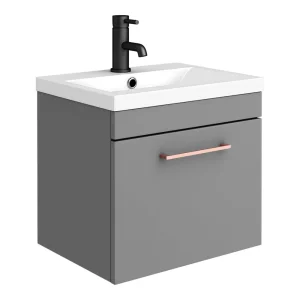 Arezzo 500 Matt Grey Wall Hung 1 Drawer Vanity Unit with Rose Gold Handle