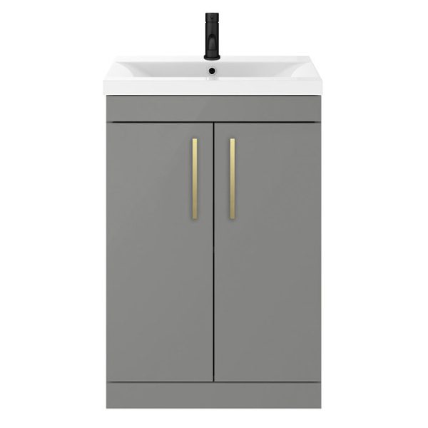 Arezzo 600 Matt Grey Floor Standing Vanity Unit with Brushed Brass Handles - Image 5