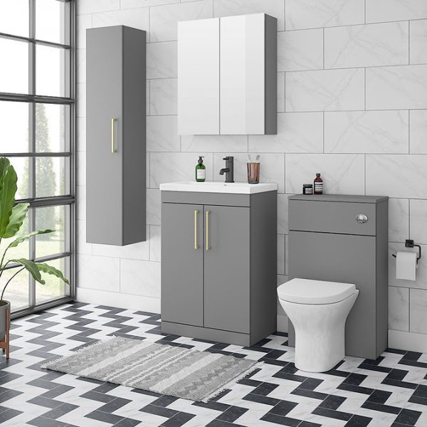 Arezzo 600 Matt Grey Floor Standing Vanity Unit with Brushed Brass Handles - Image 2