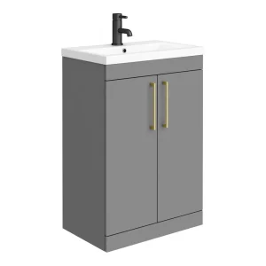 Arezzo 600 Matt Grey Floor Standing Vanity Unit with Brushed Brass Handles
