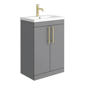 Arezzo Floor Standing Vanity Unit   Matt Grey   600mm with Industrial Style Brushed Brass Handles