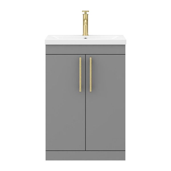 Arezzo Floor Standing Vanity Unit   Matt Grey   600mm with Industrial Style Brushed Brass Handles - Image 7