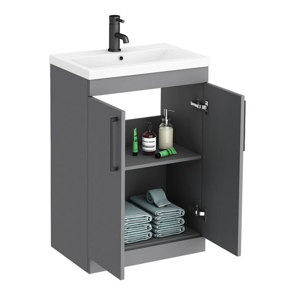 Arezzo 600 Matt Grey Floor Standing Vanity Unit with Matt Black Handles - Image 7