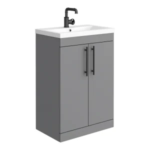 Arezzo Floor Standing Vanity Unit   Matt Grey   600mm with Industrial Style Black Handles