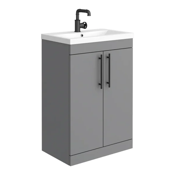 Arezzo Floor Standing Vanity Unit   Matt Grey   600mm with Industrial Style Black Handles