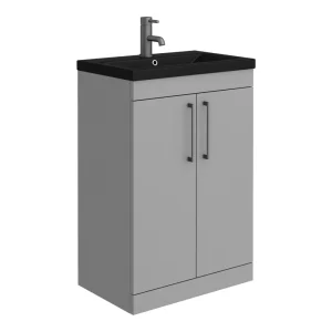 Arezzo 600 Matt Grey Floor Standing Vanity Unit with Matt Black Basin + Handles