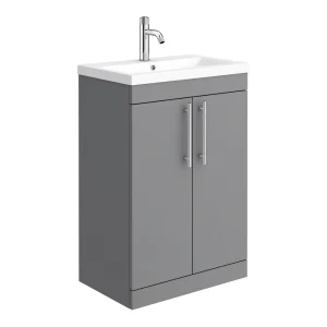 Arezzo Floor Standing Vanity Unit   Matt Grey   600mm with Industrial Style Chrome Handles