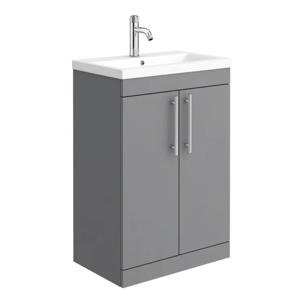 Arezzo Floor Standing Vanity Unit   Matt Grey   600mm with Industrial Style Chrome Handles