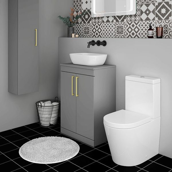 Arezzo Floor Standing Countertop Vanity Unit   Matt Grey   600mm with Brushed Brass Handles - Image 4
