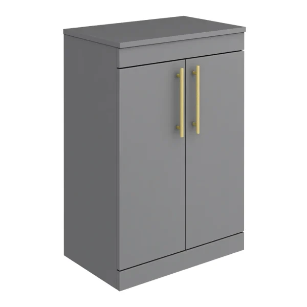 Arezzo Floor Standing Countertop Vanity Unit   Matt Grey   600mm with Industrial Style Brushed Brass Handles
